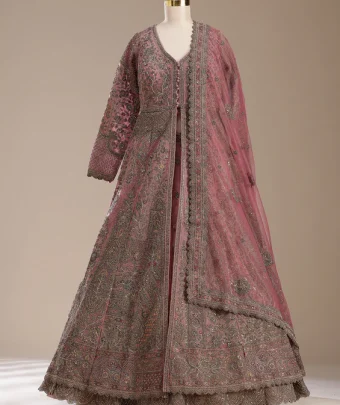 Onion Pink Cording Net Readymade Lehenga