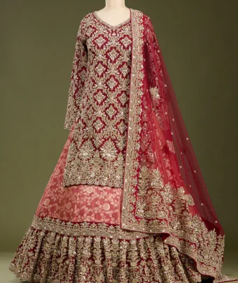 Red Cording Dola Silk Readymade Lehenga