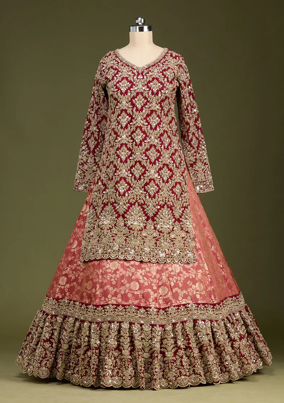 Red Cording Dola Silk Readymade Lehenga - Image 3