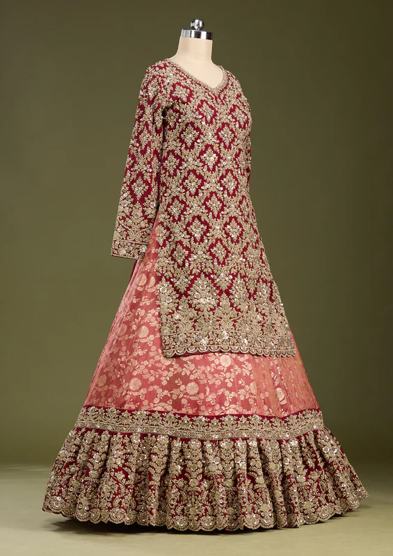Red Cording Dola Silk Readymade Lehenga - Image 4