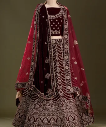 Dark Maroon Cording Velvet Semi-Stitched Lehenga