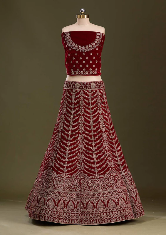 Maroon Cording Velvet Semi-Stitched Lehenga - Image 3