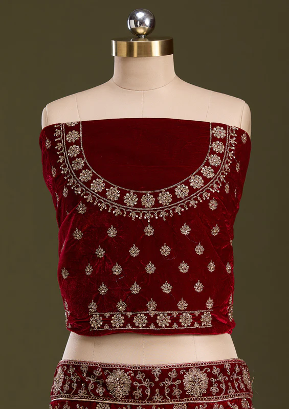 Maroon Cording Velvet Semi-Stitched Lehenga - Image 2