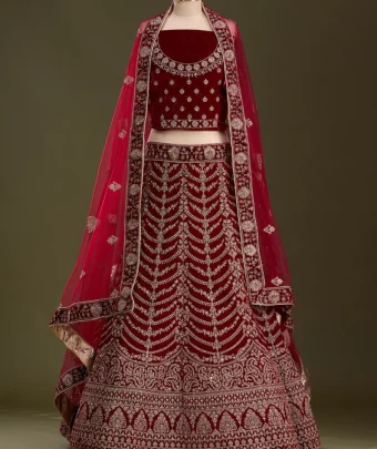 Maroon Cording Velvet Semi-Stitched Lehenga