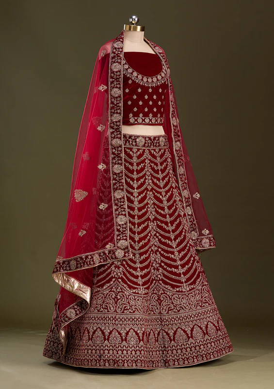 Maroon Cording Velvet Semi-Stitched Lehenga - Image 4