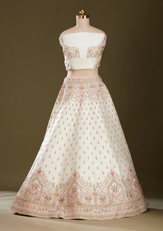 Cream Zardozi Raw Silk Readymade Lehenga - Image 2