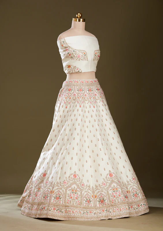 Cream Zardozi Raw Silk Readymade Lehenga - Image 3