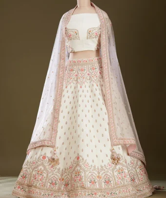 Cream Zardozi Raw Silk Readymade Lehenga