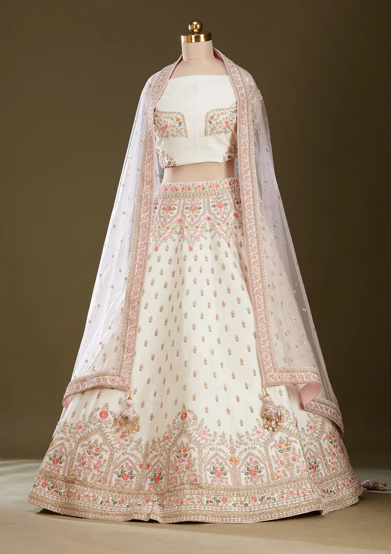 Cream Zardozi Raw Silk Readymade Lehenga