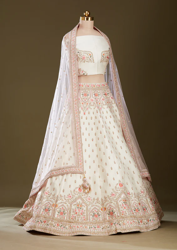 Cream Zardozi Raw Silk Readymade Lehenga - Image 4