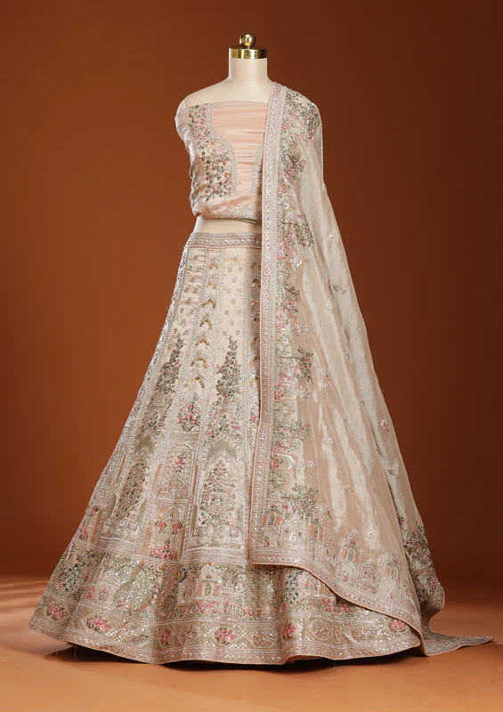 Beige Zariwork Shimmer Semi-Stitched Lehenga