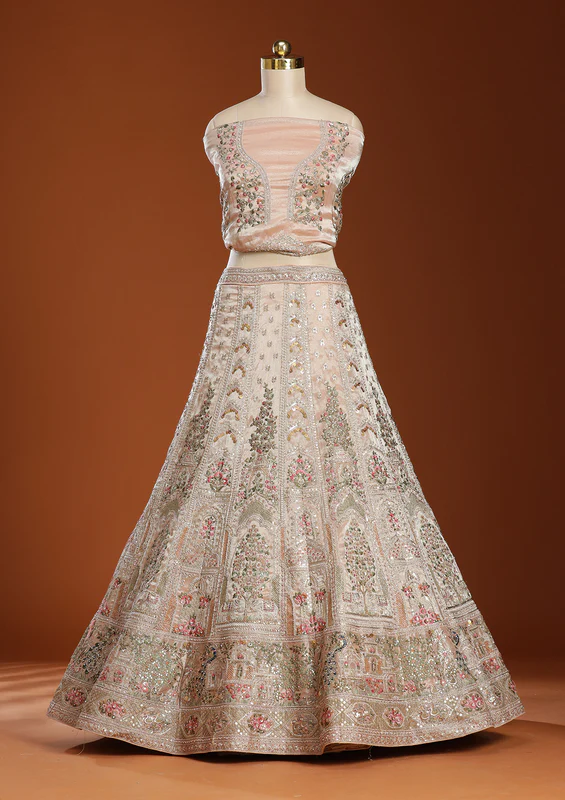 Beige Zariwork Shimmer Semi-Stitched Lehenga - Image 3