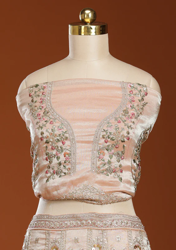 Beige Zariwork Shimmer Semi-Stitched Lehenga - Image 2