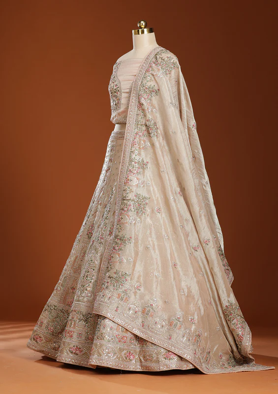 Beige Zariwork Shimmer Semi-Stitched Lehenga - Image 4