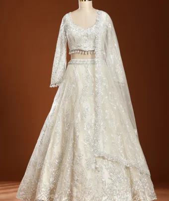 Off White Sequins Net Readymade Lehenga