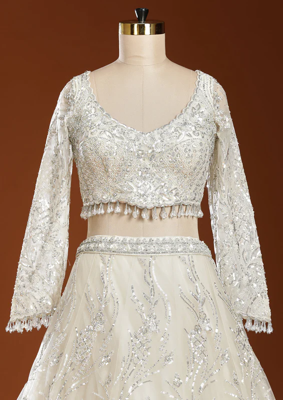 Off White Sequins Net Readymade Lehenga - Image 3