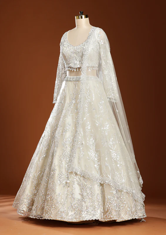 Off White Sequins Net Readymade Lehenga - Image 2
