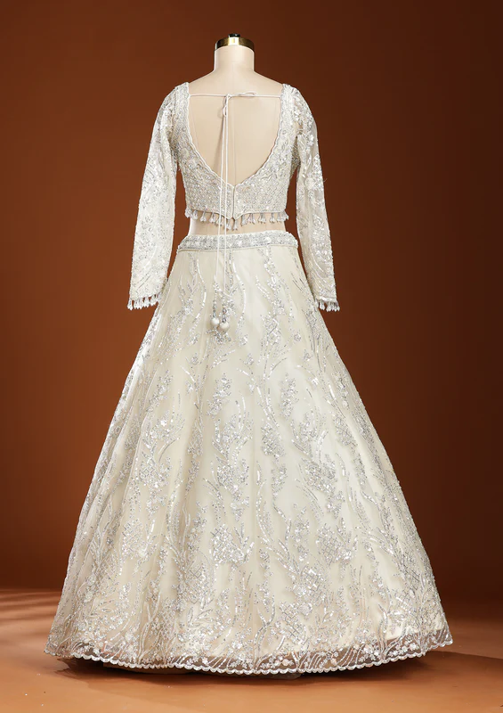 Off White Sequins Net Readymade Lehenga - Image 4
