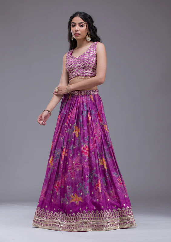 Wine Sequins Georgette Readymade Lehenga - Image 2
