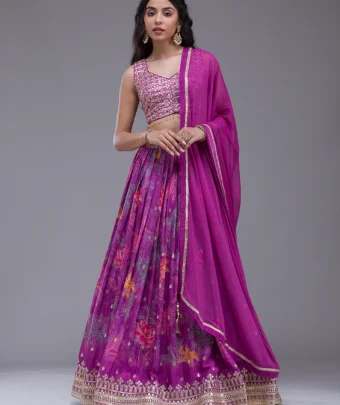 Wine Sequins Georgette Readymade Lehenga