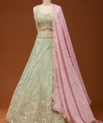 Pista Green Cording Satin Readymade Lehenga