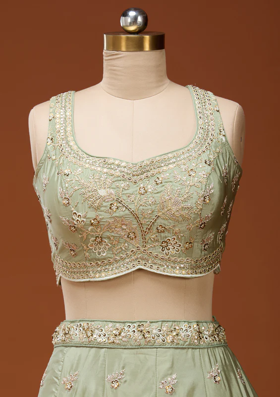 Pista Green Cording Satin Readymade Lehenga - Image 3