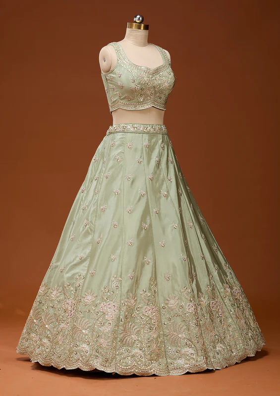 Pista Green Cording Satin Readymade Lehenga - Image 2
