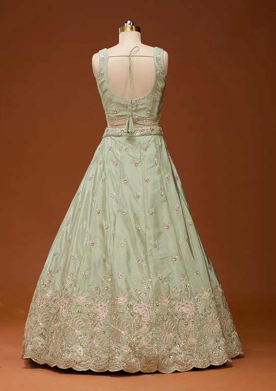 Pista Green Cording Satin Readymade Lehenga - Image 4