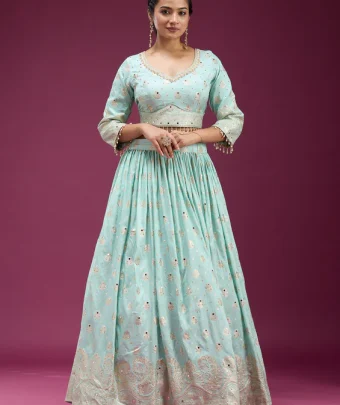 Sky Blue Mirrorwork Banarasi Readymade Lehenga