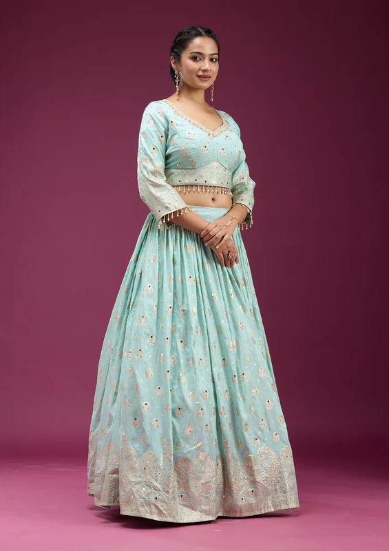 Sky Blue Mirrorwork Banarasi Readymade Lehenga - Image 2