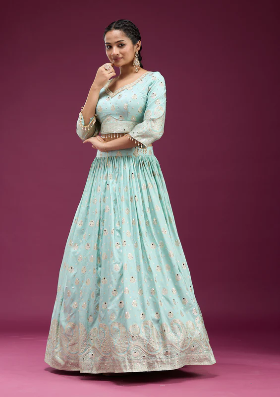 Sky Blue Mirrorwork Banarasi Readymade Lehenga - Image 3