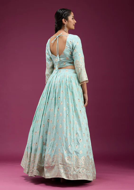 Sky Blue Mirrorwork Banarasi Readymade Lehenga - Image 4