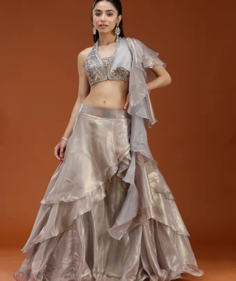 Grey Stonework Organza Readymade Lehenga