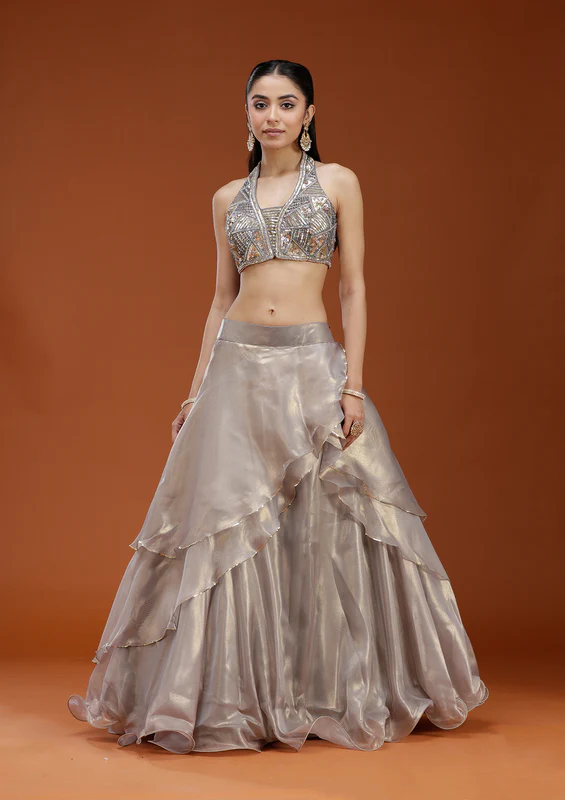Grey Stonework Organza Readymade Lehenga - Image 2