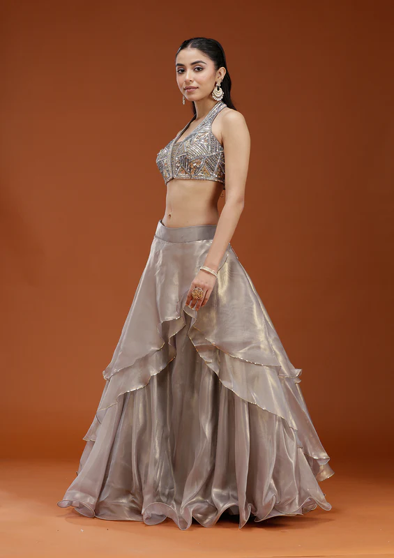 Grey Stonework Organza Readymade Lehenga - Image 4