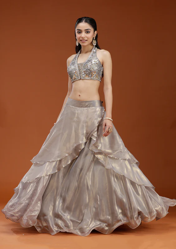 Grey Stonework Organza Readymade Lehenga - Image 3