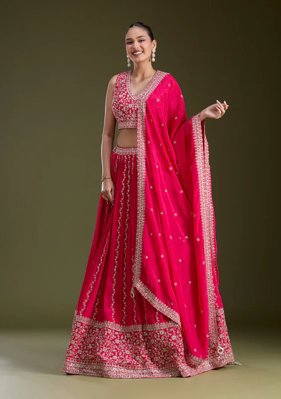 Pink Zariwork Crepe Readymade Lehenga
