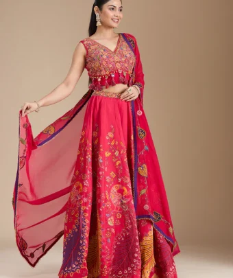 Rani Pink Printed Soft Raw Silk Readymade Lehenga