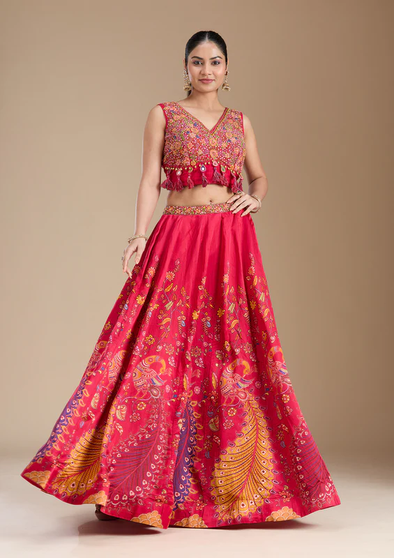 Rani Pink Printed Soft Raw Silk Readymade Lehenga - Image 2