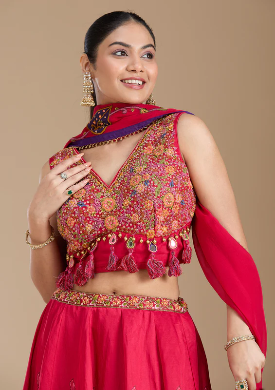 Rani Pink Printed Soft Raw Silk Readymade Lehenga - Image 3