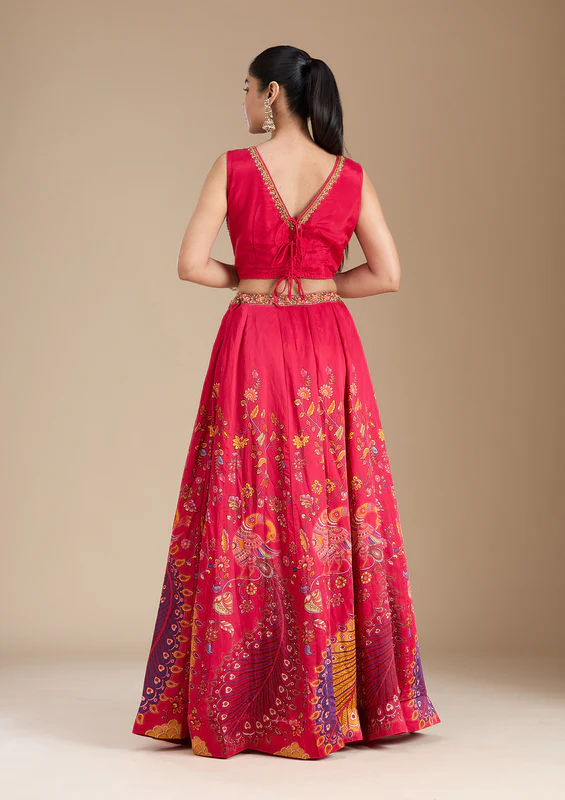 Rani Pink Printed Soft Raw Silk Readymade Lehenga - Image 4