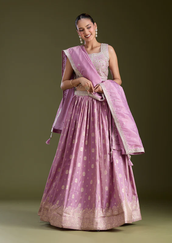 Lavender Sequins Banarasi Readymade Lehenga - Image 4