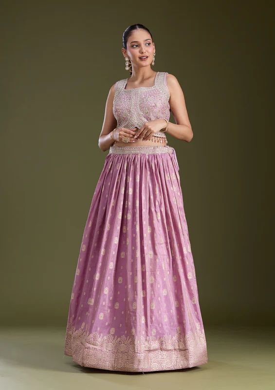 Lavender Sequins Banarasi Readymade Lehenga - Image 3