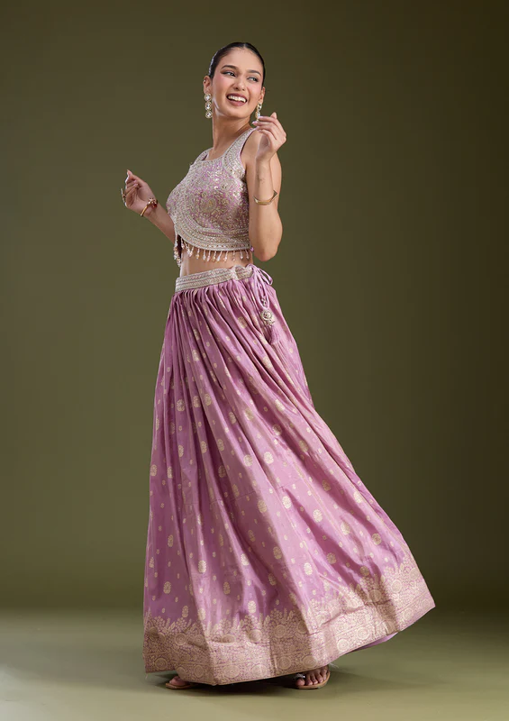 Lavender Sequins Banarasi Readymade Lehenga - Image 2