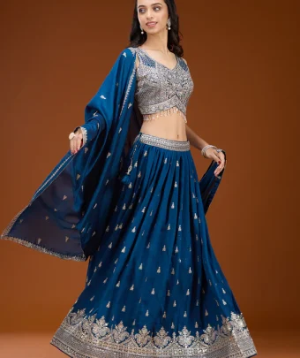 Navy Blue Zariwork Soft Raw Silk Readymade Lehenga