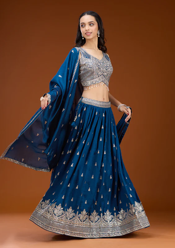 Navy Blue Zariwork Soft Raw Silk Readymade Lehenga