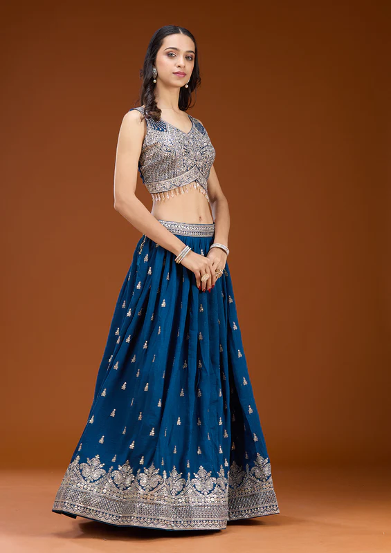 Navy Blue Zariwork Soft Raw Silk Readymade Lehenga - Image 2