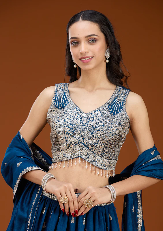 Navy Blue Zariwork Soft Raw Silk Readymade Lehenga - Image 3