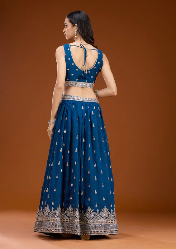 Navy Blue Zariwork Soft Raw Silk Readymade Lehenga - Image 4
