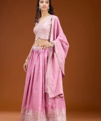 Onion Pink Zariwork Soft Raw Silk Readymade Lehenga